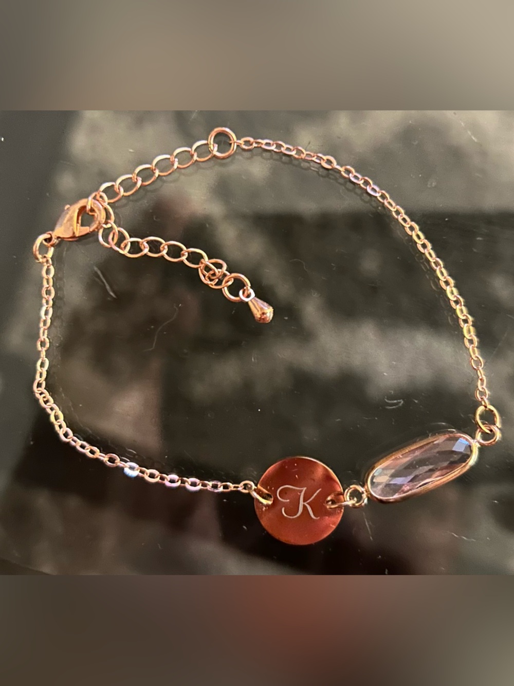 Personalized Rose Gold Initial K Bracelet with Faceted Crystal Accent